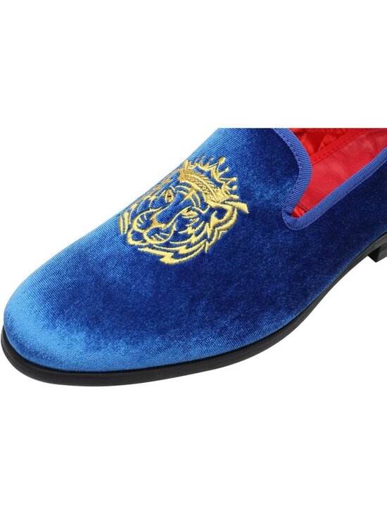 ELANROMAN Men\'s Blue Tiger Velvet Loafers Embroidery Slip on Penny Party Shoes